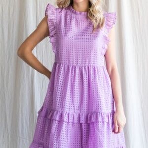 Lavender Textured Check Ruffle Dress